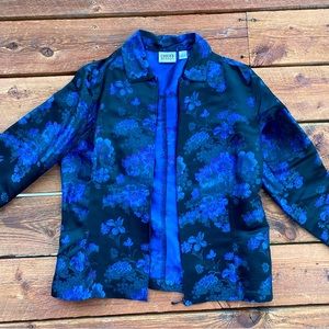 Chico's Asian Inspired Embroidered Blazer Jacket Size 1 (Medium) Blue Rayon Silk